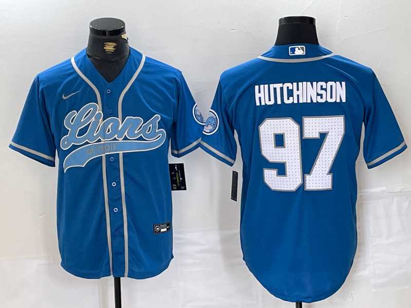 Mens Detroit Lions #97 Aidan Hutchinson Blue With Patch Cool Base Stitched Baseball Jersey